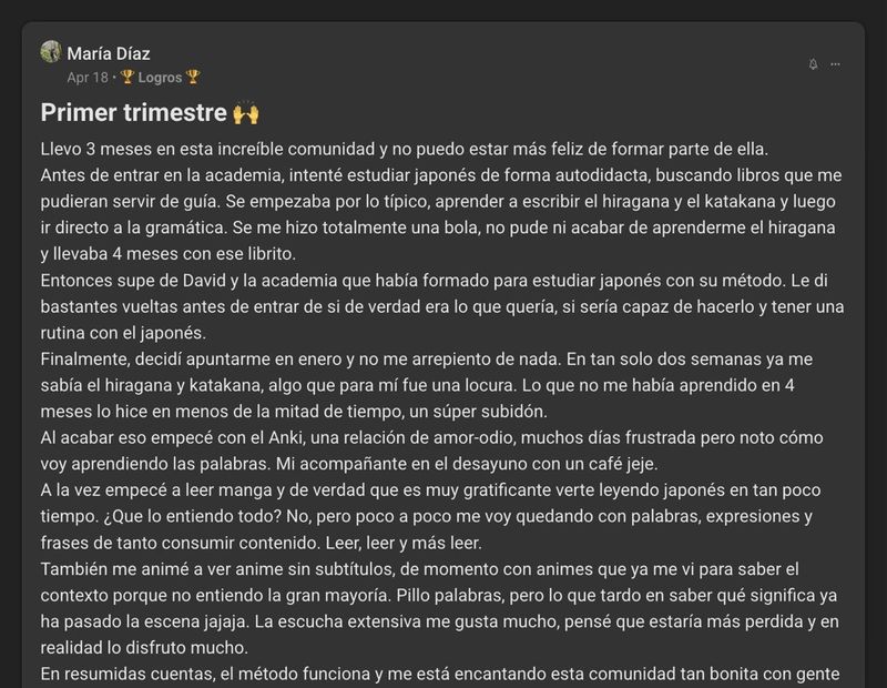 Captura del testimonio de María Díaz en Skool