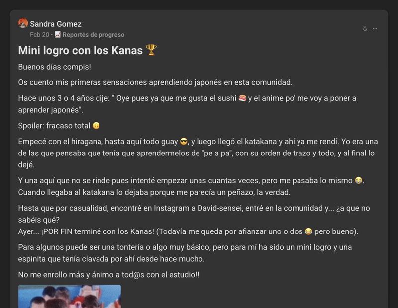 Captura del testimonio de Sandra Gómez en Skool