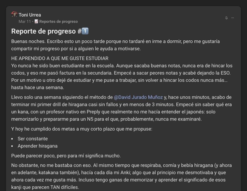 Captura del testimonio de Toni Urrea en Skool