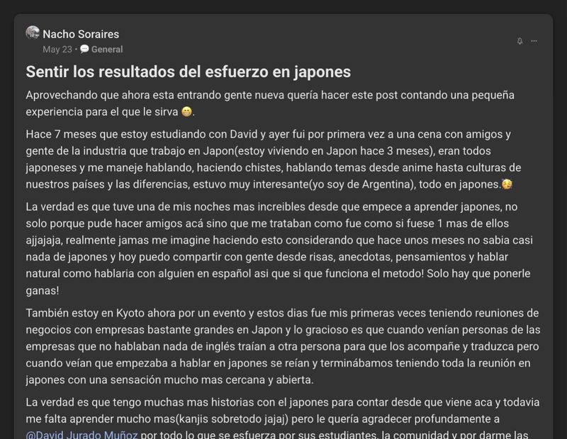 Captura del testimonio de Nacho Soraires en Skool