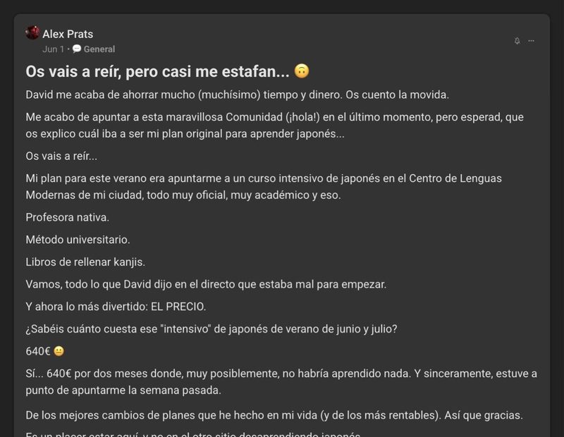 Captura del testimonio de Alex Prats en Skool