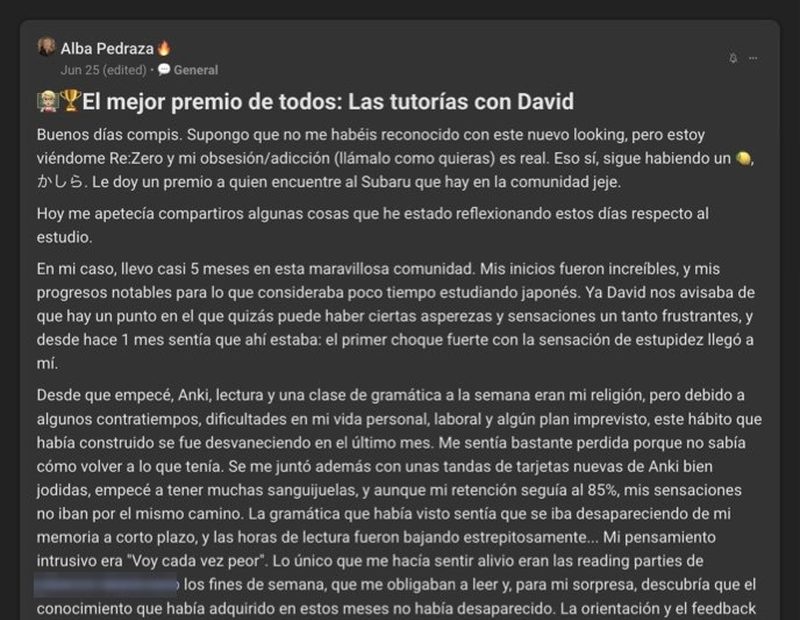 Captura del testimonio de Alba Pedraza en Skool