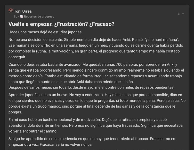 Captura del testimonio de Toni Urrea en Skool