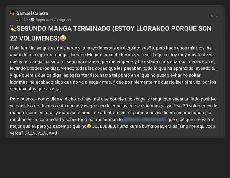 Captura del testimonio de Samuel Cabeza en Skool